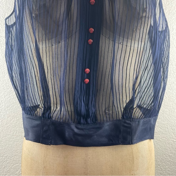 Vintage l 50s L Sheer Navy Blue Pintuck Necktie Bow Red Button Rockabilly Blouse - Picture 3 of 11
